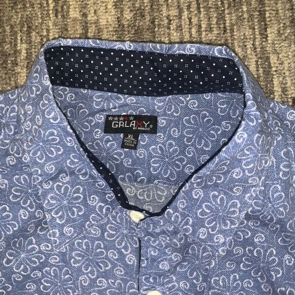 Galaxy by Harvic Mens XL Button Front Shirt Blue White Floral Short Sleeves - Picture 2 of 7